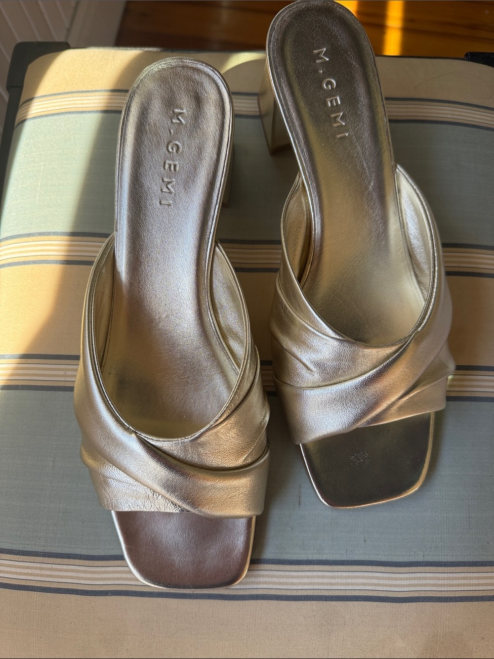 M. Gemi The Maia Metallic Gold Crossover Slide Mules 2.2” heel SIZE 40